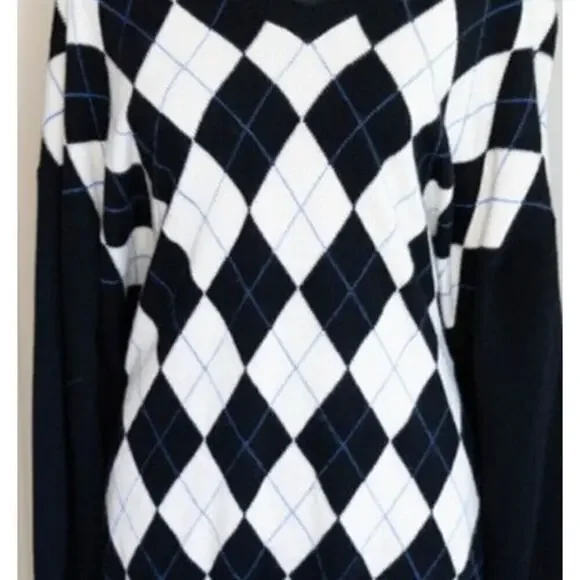 Peter Millar 100% Pure Cashmere Black/White Argyle Long Sleeve Men's Sweater